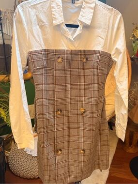 Mixed Media Plaid Button-Front Shirt Dress - White & Brown